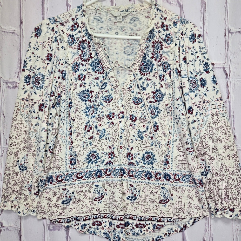 Lucky Brand Floral Print Lace Up V Neck Long Sleeve Top Women's Size‎ S P